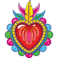 Vibrant Sacred Heart Ex Voto Art with Floral and Feather Embellishments in Vivid Colors and a Transparent Background