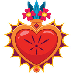 Vibrant Sacred Heart Icon With Flowers And Sunburst Aura In Red Orange And Yellow Hues On A Transparent Background