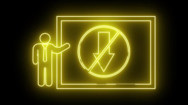 Illuminated yellow neon a figure gesturing to a forbidden downwardpointing arrow in a bordered box on a black background