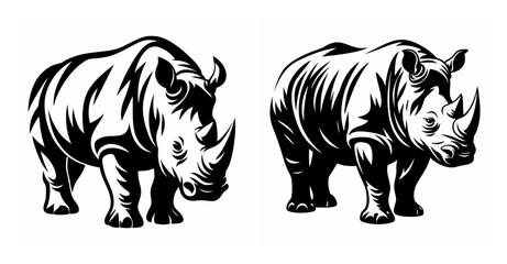 Naklejka premium Powerful black and white artistic renditions of two majestic rhinoceroses standing side by side