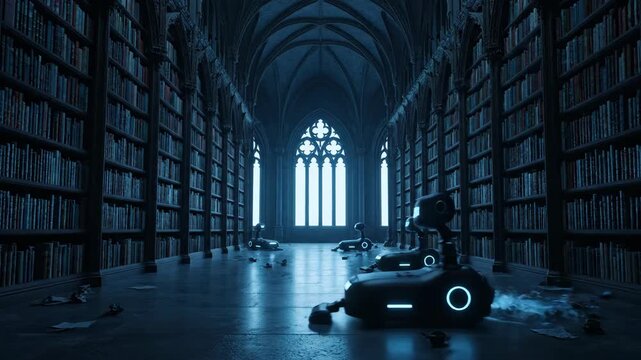 3D render of a library at night where bookshelves retract, allowing robotic janitors to clean the aisles.