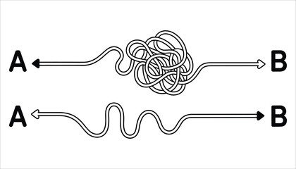 Two contrasting paths from A to B one tangled and complex the other smooth and direct route direction © Tania