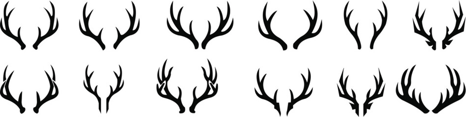 deer horn icons set. Animal horn silhouettes, wildlife and hunting symbols, horn shape collection. vector illstration