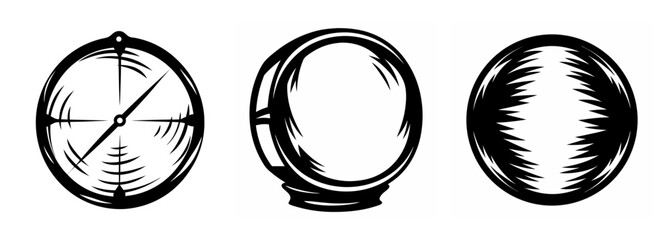 Fototapeta premium Three circular objects a compass a lens and a sphere rendered in a sketch style artistic depiction