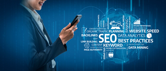 A business professional interacts with a smartphone amidst a backdrop of SEO concepts and digital...