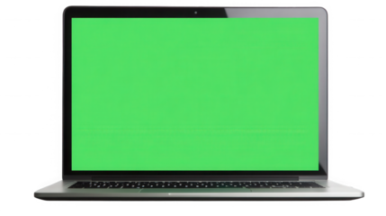 Modern laptop with green screen isolated on transparent background for mockup