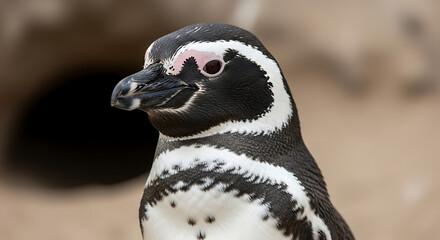 Close-up portrait of a Magellanic penguin showcasing its distinctive black and white plumage, dark eye, and beak against a blurred earthy background.