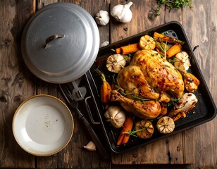 Roasted Chicken with Vegetables on a Rustic Wooden Table.