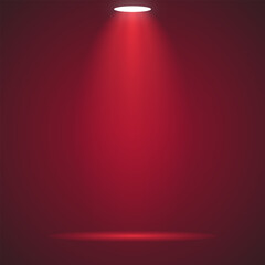 Realistic Red Spotlight on Dark Stage with Floor Reflection — Dramatic Lighting Background for Theater or Photography Studio