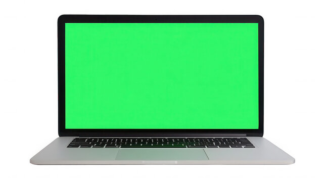 Modern laptop with green screen isolated on transparent background for mockup