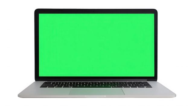 Modern laptop with green screen isolated on transparent background for mockup