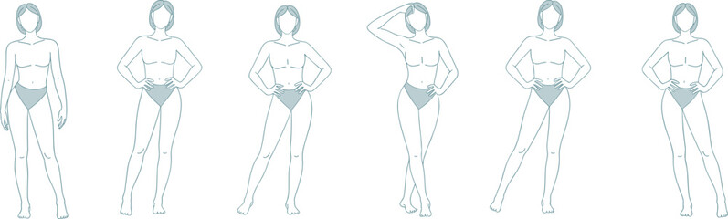 Female fashion croquis template set with short hair poses, vector body outline for apparel design, garment sketch reference for illustrators