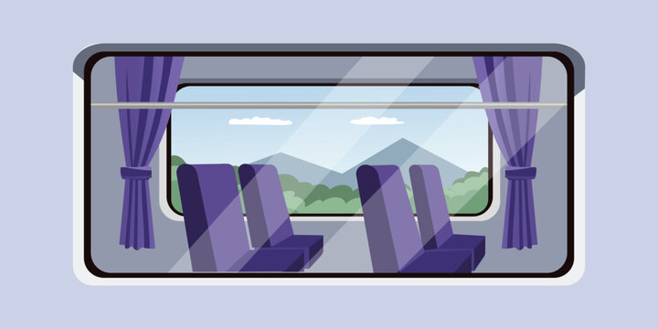Train Window View with Mountain Landscape and Empty Seats. Passenger Train Exterior with Windows. Outside View of Railway Car Windows
