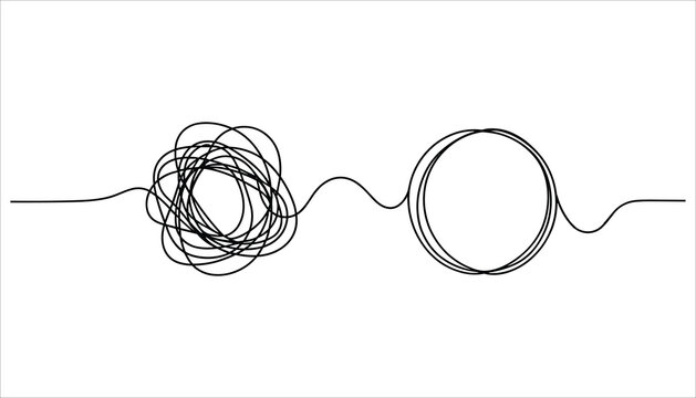 Black continuous line drawing showing a tangled mess transforming into a neat circle on white background