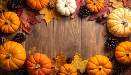 Autumn Harvest - Pumpkins, Leaves, and Pine Cones on Wood.