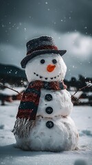 Obraz premium standing in open field beneath gray winter clouds and softly falling snow