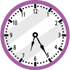 A Purple Clock Face with Black Numbers and Hands on a Transparent Background Showing Approximately 5:39