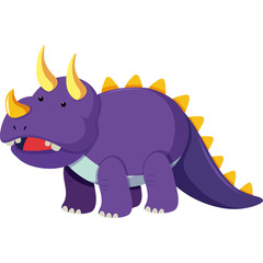 A Purple Cartoon Triceratops Dinosaur With Yellow Horns And Spikes Standing On A Transparent Background