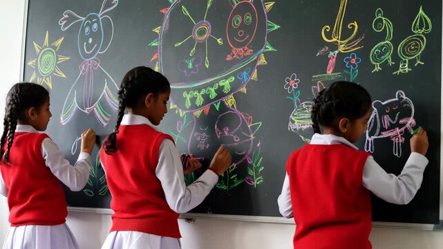 Young indian students drawing with colored chalk on a classroom blackboard