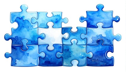 Watercolor illustration of interlocking blue jigsaw puzzle pieces