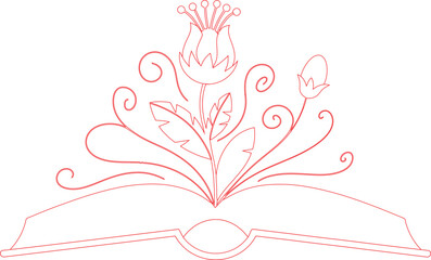 Open Book with Red Floral Design Elegant Illustration of Flowers and Flourishes over an Open Book