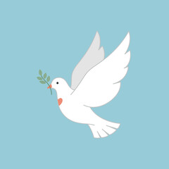 A white dove in flight, carrying a green olive branch, symbolizing peace and hope.