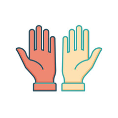 Two open hands, one red and one yellow, palms facing upwards, with blue outlines.