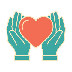 Hands cradling a red heart, symbolizing care, support, and compassion in a graphic illustration.