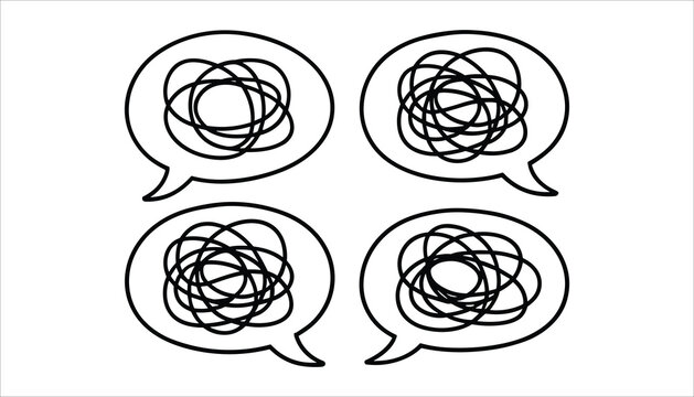 Four black outlined speech bubbles with tangled scribbles inside on a white background thought bubble