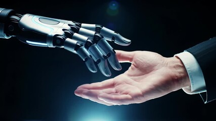 Extreme close-up video of a gleaming chrome robotic hand with blue LEDs nearing a human hand in a dark suit, bathed in ethereal sapphire light. Symbolizes AI and human connection.