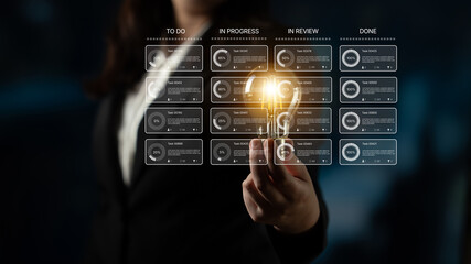 Task management tool dashboard showing kanban-style workflow with columns for to do, in progress, in review, and done, including task cards, progress, and team icons Latch