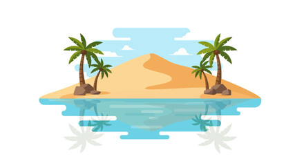 Obraz premium A serene desert island scene with palm trees, sand dune, and water reflection.