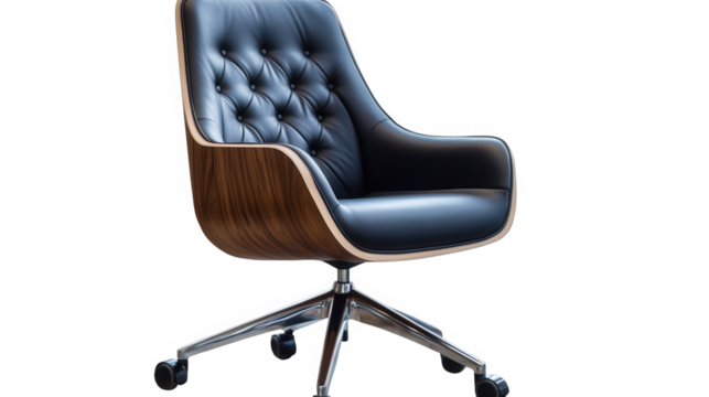 Modern black leather office chair isolated on transparent background