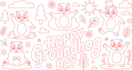 Fototapeta premium Outlined Happy Groundhog Day Featuring Groundhogs, Trees, Clouds, Flowers, a Sun, and Leaves