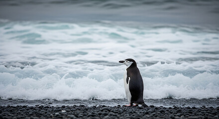 Obraz premium Chinstrap penguin standing on a rocky beach with ocean waves in the background.