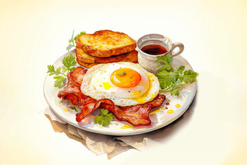 breakfast with toast, fried eggs, bacon, vegetables, and coffee on a plate for morning food and restaurant concept