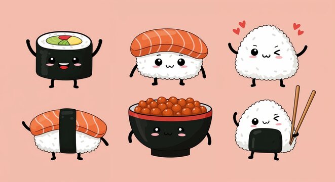 Cute Sushi Collection: A delightful illustration showcases an array of adorable sushi characters, each exuding charm and personality with expressive features and playful poses.