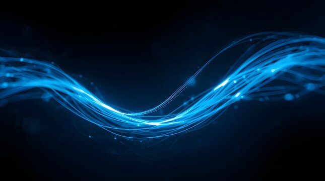 Abstract glowing blue light wave forming flowing data transmission lines on navy