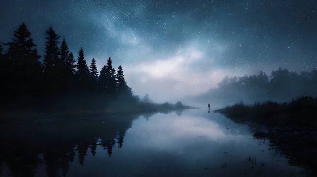 A solitary silhouette stands by a misty reflective lake under a vast star filled night sky