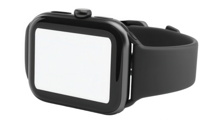 Black smartwatch with blank screen isolated on transparent background for mockup