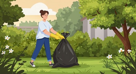 Dedicated Cleanup: A compassionate individual diligently collects waste in the community, embodying environmental stewardship and the importance of conservation.