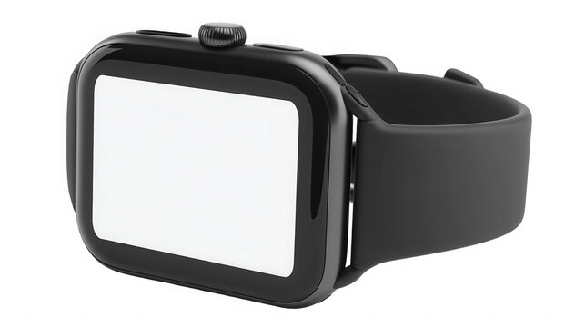 Black smartwatch with blank screen isolated on transparent background for mockup