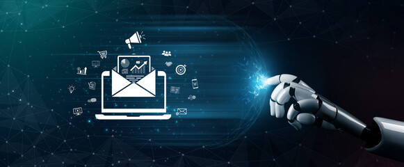 Fototapeta na wymiar An AI assistant launches a digital marketing campaign from an intelligent platform. The system sends targeted emails containing analytics to drive advertising and e-commerce growth. Fermion