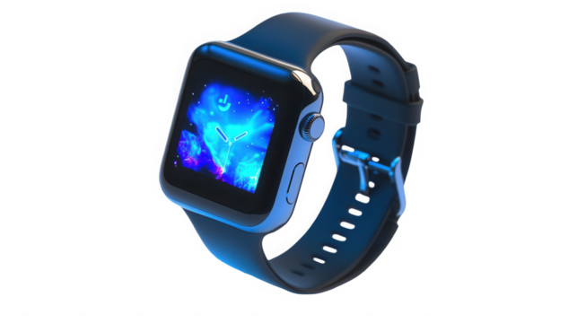 Blue smart watch with screen isolated on transparent background