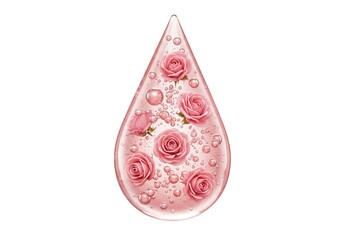 Elegant droplet filled with pink roses and bubbles illustrating beauty essence