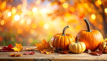 Autumns Bounty - Pumpkins and Leaves in a Warm, Bokeh-Lit Setting.