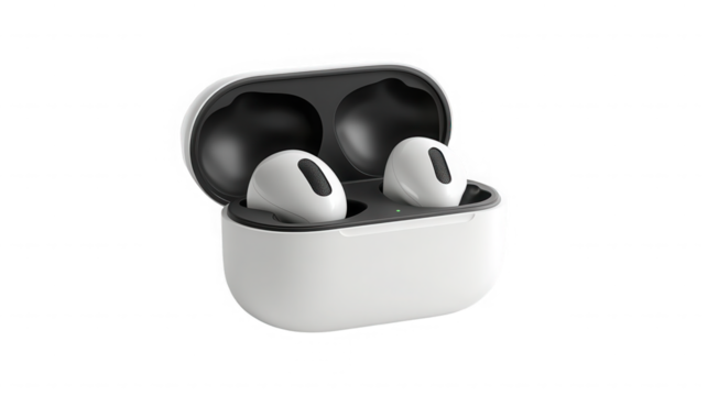 Wireless earbud isolated on transparent background with charging case for music