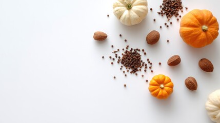 Decorative Autumn Elements Featuring Mini Pumpkins, Spices, Nuts, and Seasonal Touches on a White Background for Fall Celebrations