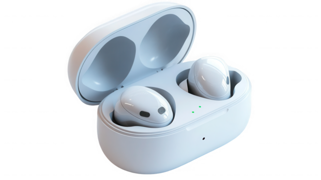 White wireless earbuds in charging case isolated on transparent background, modern style