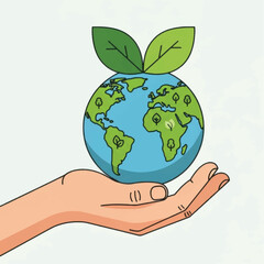 Hand holding planet Earth with green leaves symbolizing environmental care.